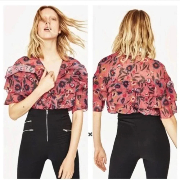 Zara Tops - Zara Ruffle Floral Print Bodysuit Small